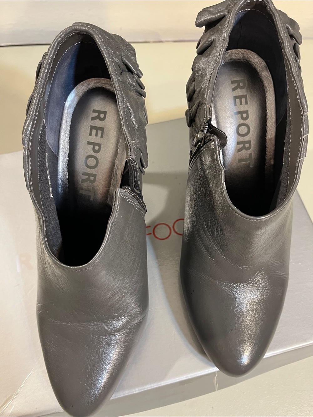Report Gray Pointed Toe Leather Heeled Ankle Boots